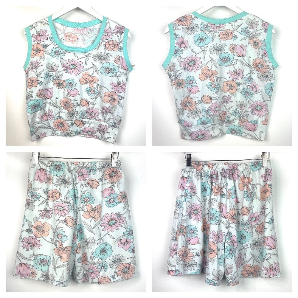 Vintage 80s Soft Blue Floral Cotton Summer Set